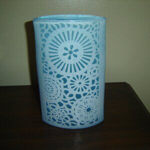 Tall light blue oval frosted snowflake art glass vase VGU